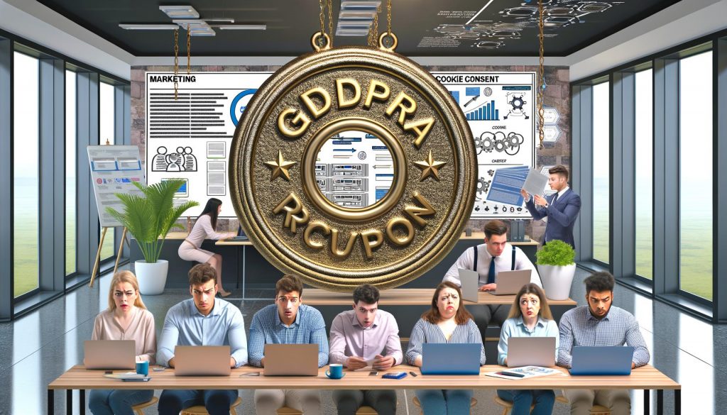 Marketing-Team in modernem Büro mit vergoldetem DSGVO-Siegel, besorgt über Cookie-Banner und Consent-Pop-ups, eine entspannte Person mit technischen Plänen, im Hintergrund sind Datenvisualisierungen und Server zu sehen.