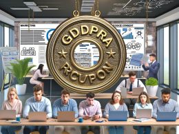 Marketing-Team in modernem Büro mit vergoldetem DSGVO-Siegel, besorgt über Cookie-Banner und Consent-Pop-ups, eine entspannte Person mit technischen Plänen, im Hintergrund sind Datenvisualisierungen und Server zu sehen.