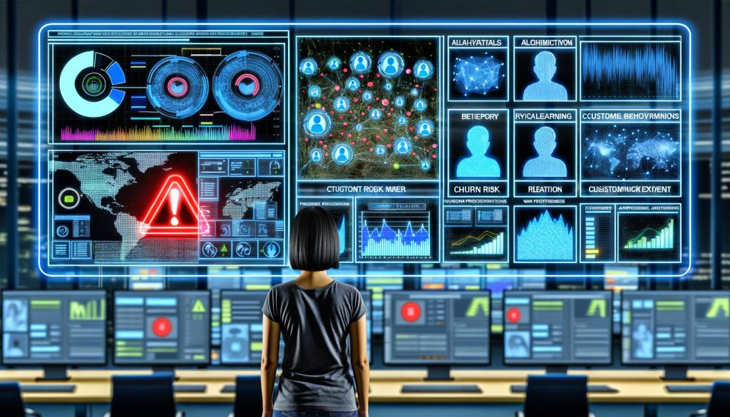 Illustration eines Hightech-Marketing-Kontrollraums mit Dashboards, Datenströmen, Algorithmus-Symbolen und automatisierten Kundeninterventionen bei Churn-Risiko