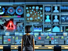 Illustration eines Hightech-Marketing-Kontrollraums mit Dashboards, Datenströmen, Algorithmus-Symbolen und automatisierten Kundeninterventionen bei Churn-Risiko