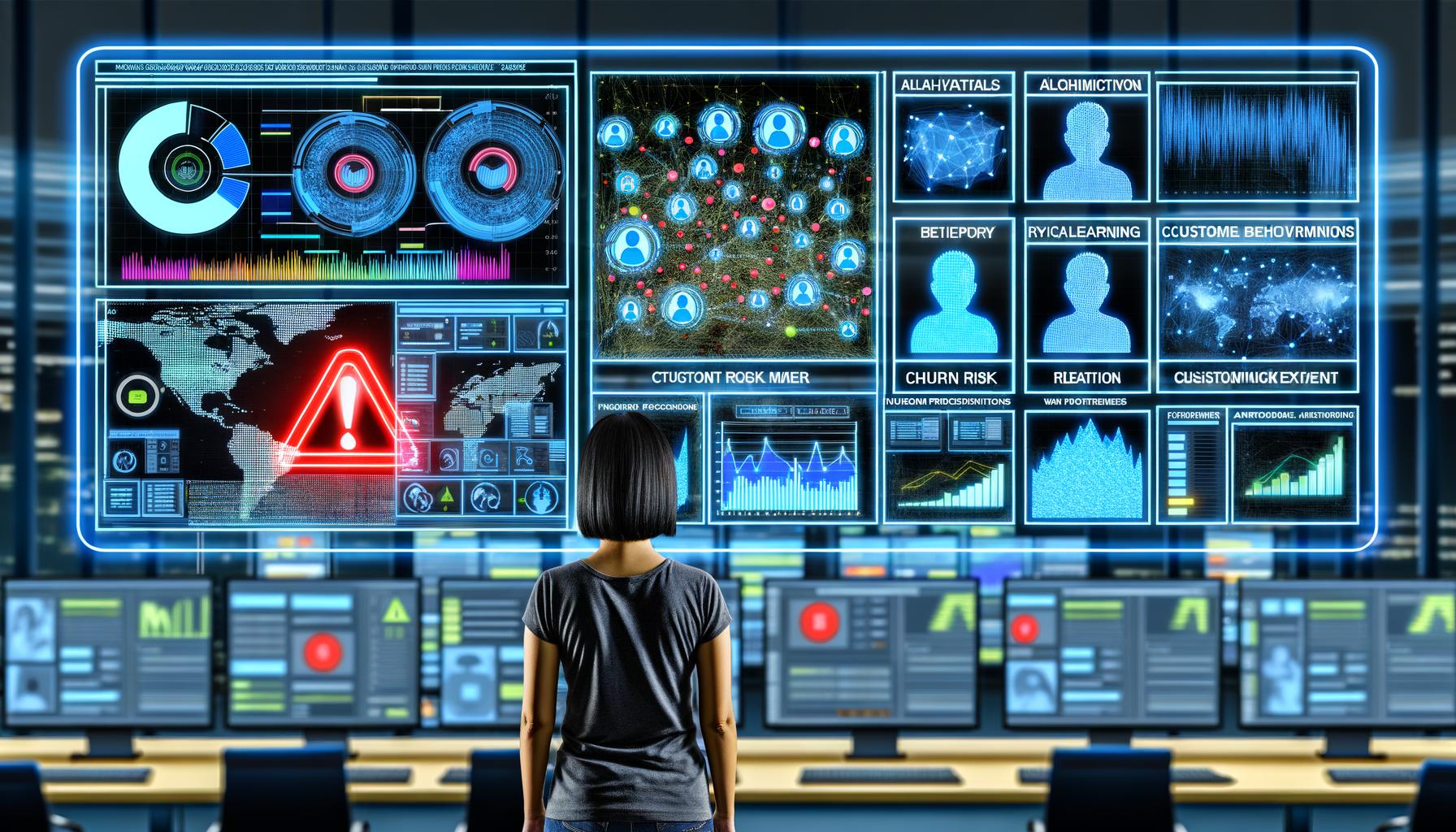 Illustration eines Hightech-Marketing-Kontrollraums mit Dashboards, Datenströmen, Algorithmus-Symbolen und automatisierten Kundeninterventionen bei Churn-Risiko