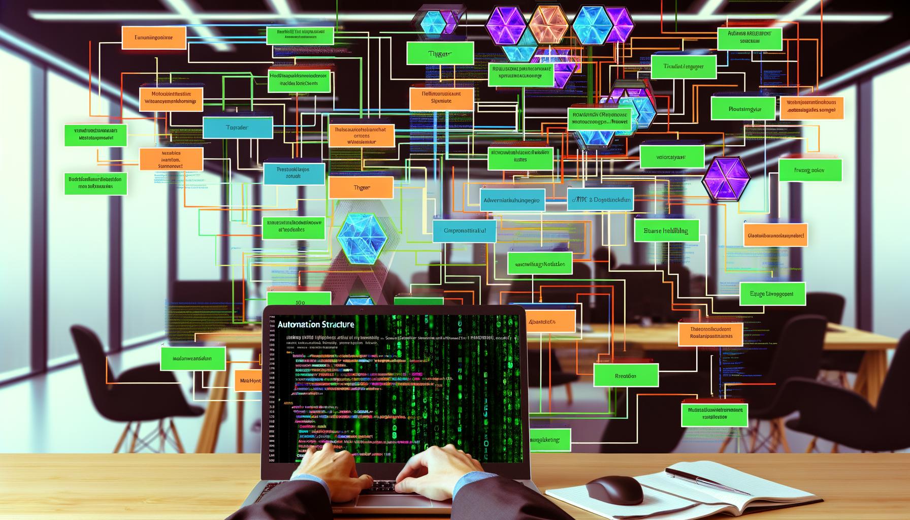 Visualisierung einer verzweigten n8n-Workflow-Landschaft mit verbundenen, beschrifteten Nodes und einer Person am Laptop in moderner Büroumgebung.