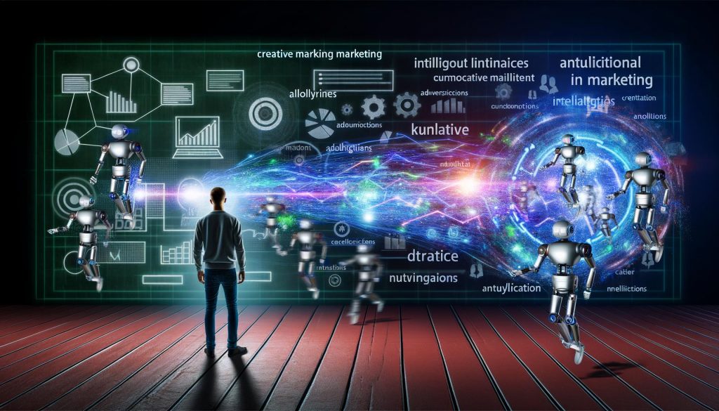 Illustration einer futuristischen Marketing-Szene mit leuchtenden Datenströmen, neuronalen Netzwerken und automatisierenden Robotern, die den Einfluss künstlicher Intelligenz im Marketing verdeutlichen.