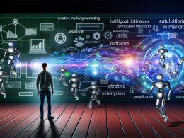 Illustration einer futuristischen Marketing-Szene mit leuchtenden Datenströmen, neuronalen Netzwerken und automatisierenden Robotern, die den Einfluss künstlicher Intelligenz im Marketing verdeutlichen.