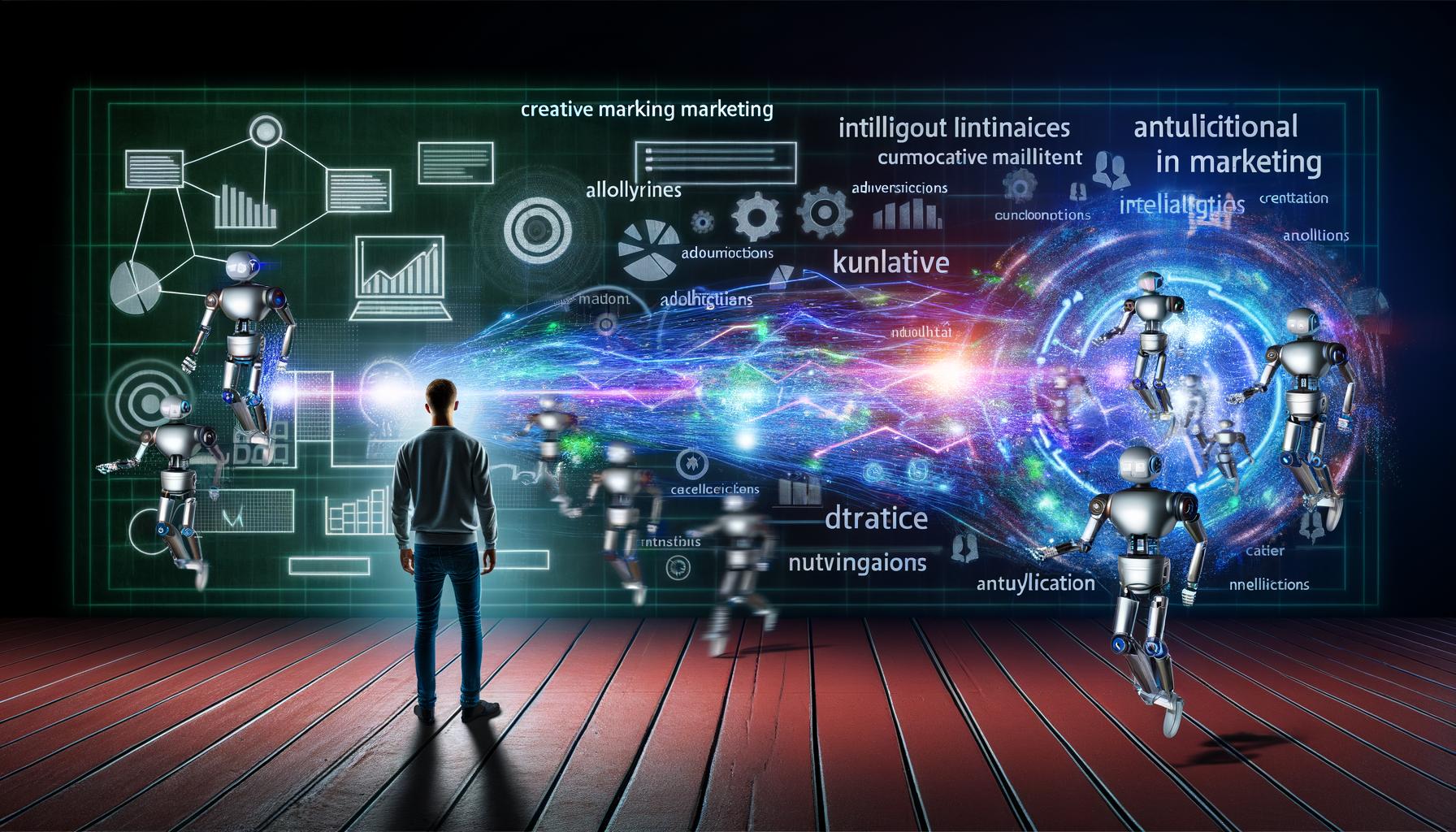 Illustration einer futuristischen Marketing-Szene mit leuchtenden Datenströmen, neuronalen Netzwerken und automatisierenden Robotern, die den Einfluss künstlicher Intelligenz im Marketing verdeutlichen.