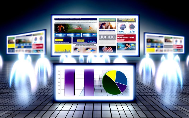Virtueller Marktplatz mit leuchtenden digitalen Bildschirmen, Balken- und Tortendiagrammen und stilisierten Mitbewerbern im Hintergrund.