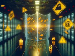 Düstere, futuristische Szene im Rechenzentrum mit digitalem Schutzschild, das wertvolle Daten vor Tracking-Cookies und Browser-Icons schützt