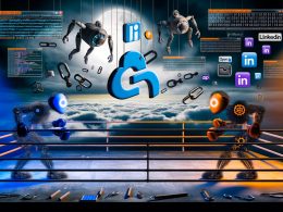 Illustration eines hochmodernen Rechenzentrums mit leuchtendem digitalen Rückgrat als Enterprise CMS, umgeben von Datenströmen, APIs, Content-Elementen und Redakteuren, während traditionelle Tools verblassen.