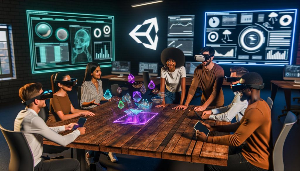 Digital Marketing Team im modernen Büro nutzt AR-Brillen, Tablets und VR-Headsets wie Meta Quest 3, Apple Vision Pro und Microsoft HoloLens an einem interaktiven Holztisch mit 3D-Visualisierungen und Datencharts.