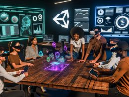 Digital Marketing Team im modernen Büro nutzt AR-Brillen, Tablets und VR-Headsets wie Meta Quest 3, Apple Vision Pro und Microsoft HoloLens an einem interaktiven Holztisch mit 3D-Visualisierungen und Datencharts.