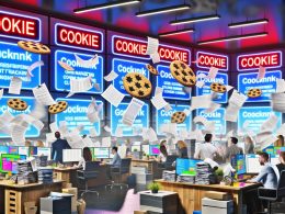 Chaotisches Online-Marketing-Büro mit großen Cookie-Bannern, roten DSGVO-Warnhinweisen und gestresstem Team zwischen Papierstapeln und digitalen Tools.