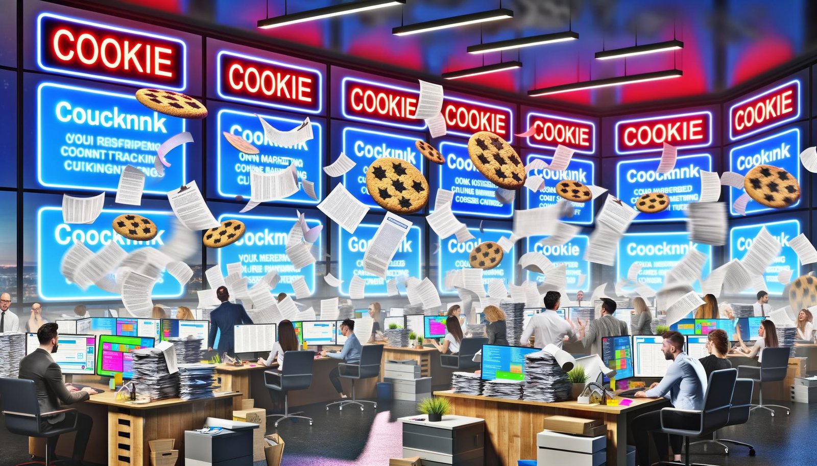 Chaotisches Online-Marketing-Büro mit großen Cookie-Bannern, roten DSGVO-Warnhinweisen und gestresstem Team zwischen Papierstapeln und digitalen Tools.