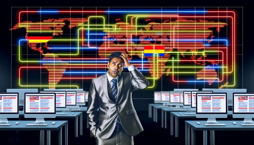 Moderne Schaltzentrale mit Monitoren, die komplexe Website-Strukturen und Hreflang-Fehlercodes im internationalen SEO zeigen. Sichtbare Länderflaggen, Subfolder und ein verzweifelter Mitarbeiter verdeutlichen die Herausforderungen der Hreflang-Implementierung.