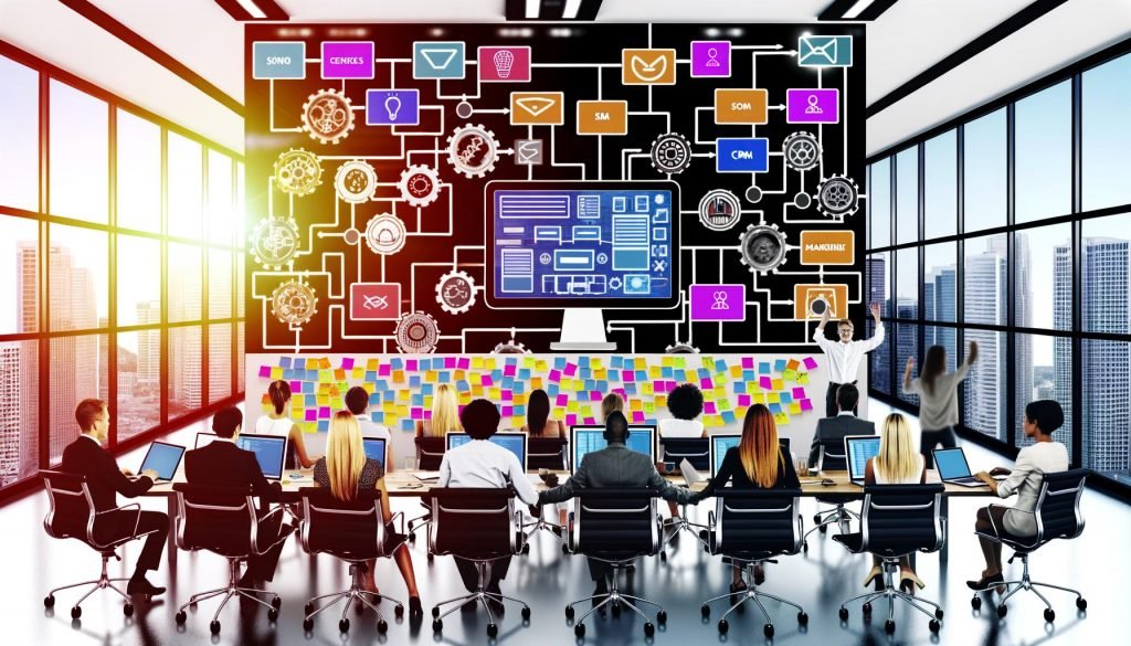 Team arbeitet an einem Monitor mit bunter n8n-Benutzeroberfläche, umgeben von Marketers, Entwicklern, Mindmaps und Post-its im modernen, futuristischen Büro.