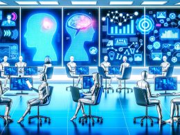 Modernes Marketing-Team in einem hellen, futuristischen Büro mit großen Bildschirmen, KI-Datenvisualisierungen, Machine-Learning-Entwicklung und Chatbot-Dialog.