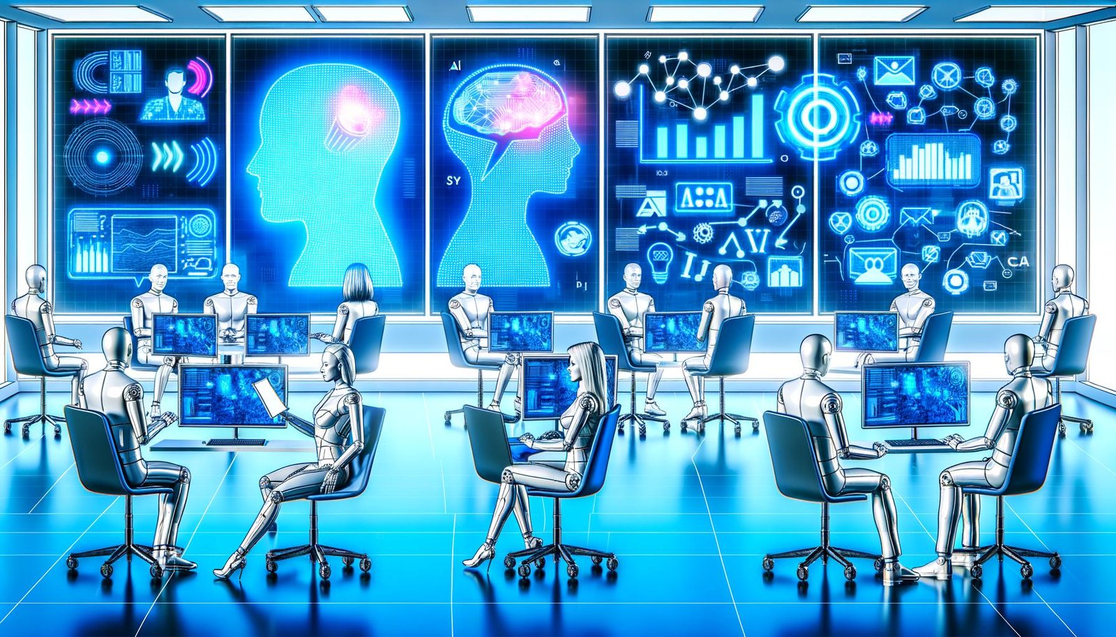 Modernes Marketing-Team in einem hellen, futuristischen Büro mit großen Bildschirmen, KI-Datenvisualisierungen, Machine-Learning-Entwicklung und Chatbot-Dialog.