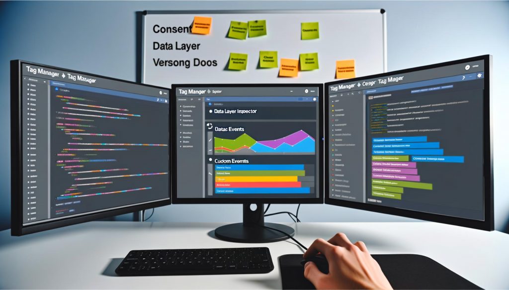 Arbeitsplatz mit mehreren Monitoren, Tag-Manager-Dashboards, Diagrammen und Debugging-Tools, daneben ein Whiteboard mit Notizen zu Consent, Data Layer und Versionierung.