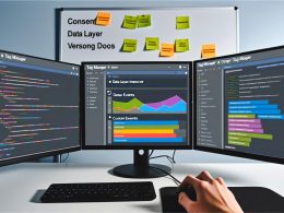 Arbeitsplatz mit mehreren Monitoren, Tag-Manager-Dashboards, Diagrammen und Debugging-Tools, daneben ein Whiteboard mit Notizen zu Consent, Data Layer und Versionierung.