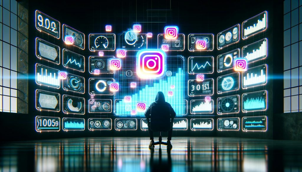 Person vor futuristischer Kommandozentrale mit Dashboards, Reels-Statistiken und schwebenden Instagram-Symbolen, modern und datenfokussiert