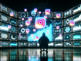 Person vor futuristischer Kommandozentrale mit Dashboards, Reels-Statistiken und schwebenden Instagram-Symbolen, modern und datenfokussiert