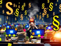 Erschöpfter Marketer in einem überladenen Großraumbüro, umgeben von Akten, blinkenden Monitoren mit Cookie-Bannern und einem rotgelb blinkenden DSGVO-Alarm-Button, im Hintergrund schwebende Paragrafen als Schattenmonster.