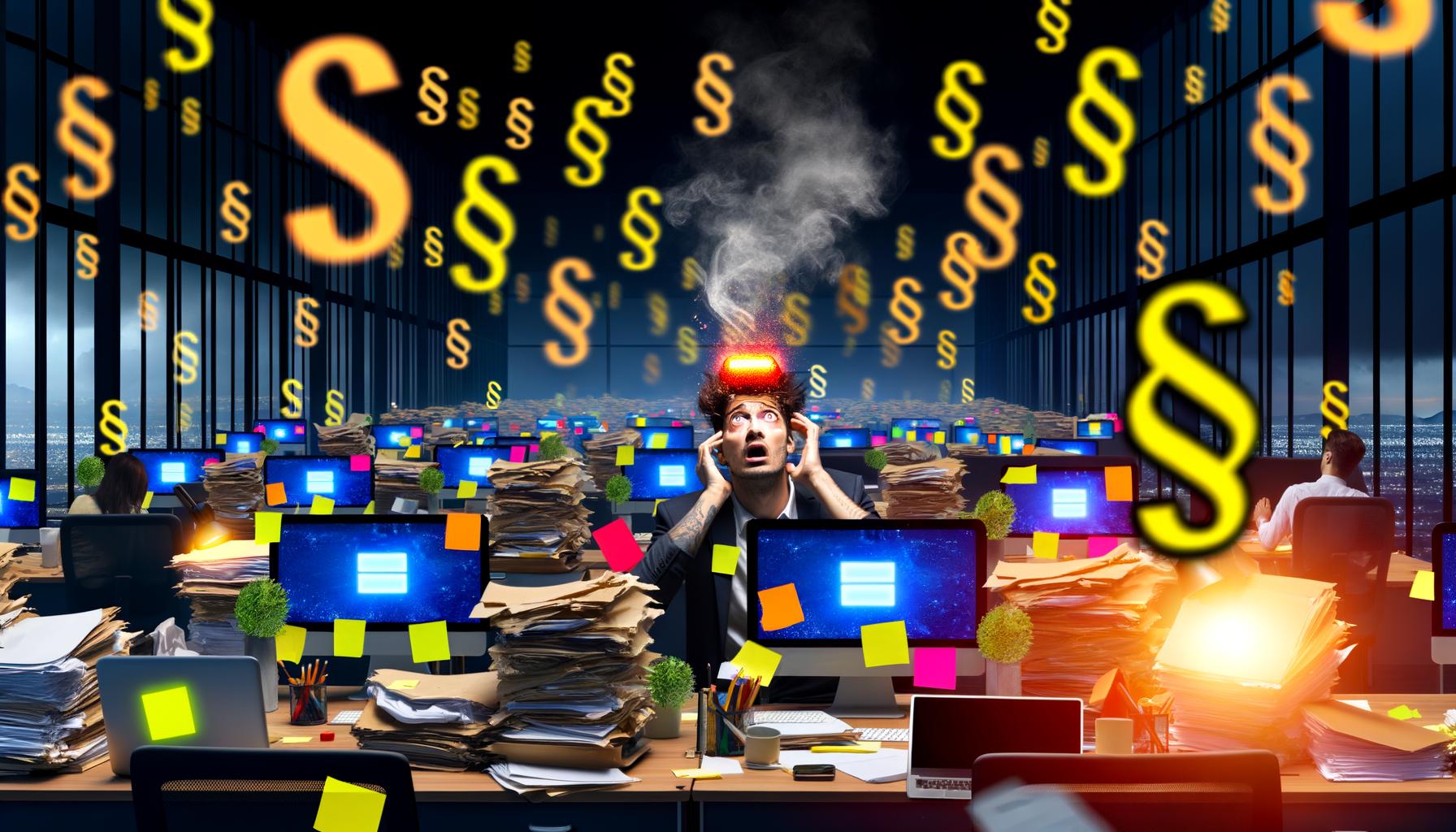 Erschöpfter Marketer in einem überladenen Großraumbüro, umgeben von Akten, blinkenden Monitoren mit Cookie-Bannern und einem rotgelb blinkenden DSGVO-Alarm-Button, im Hintergrund schwebende Paragrafen als Schattenmonster.
