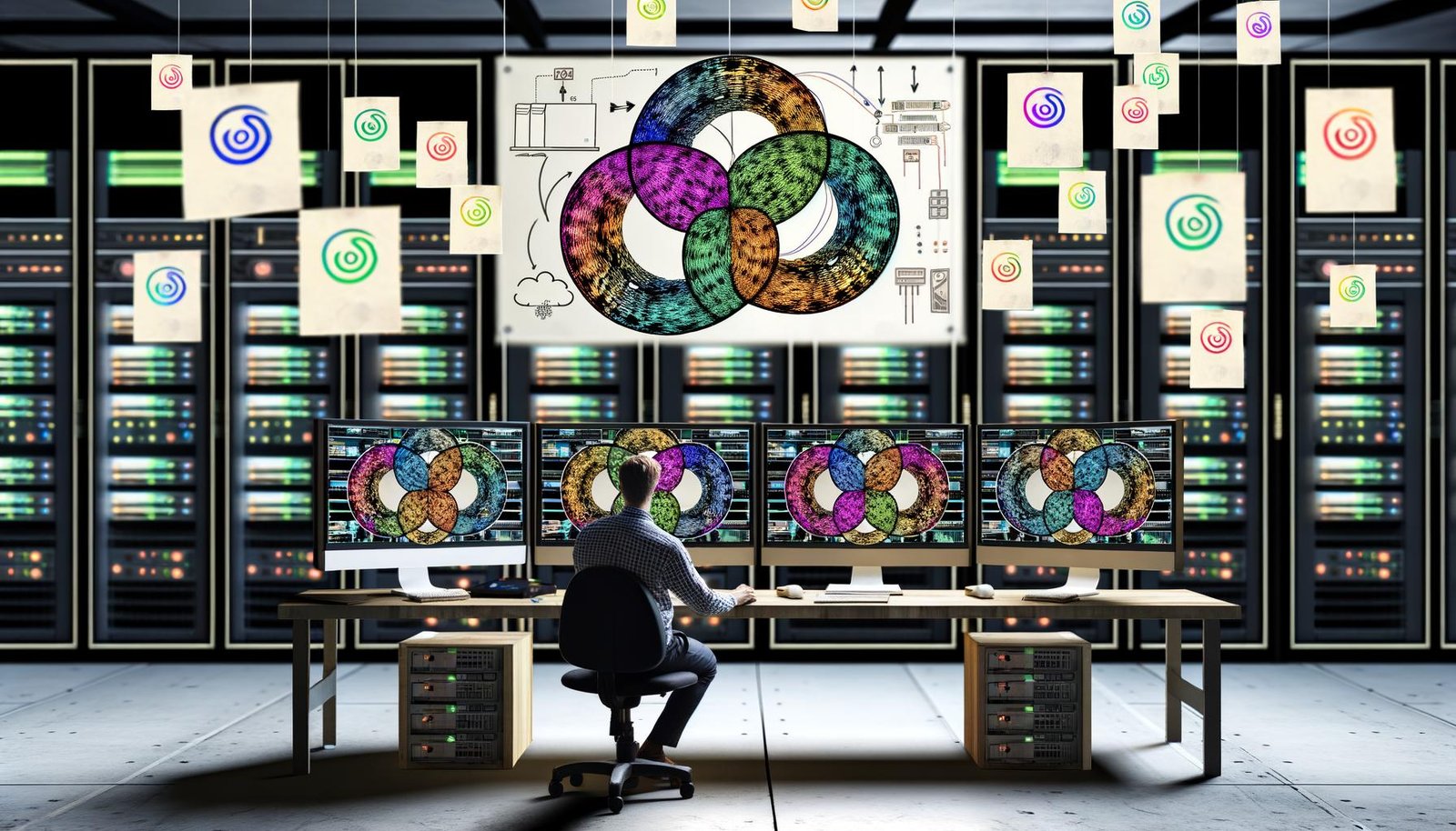Ein Operator arbeitet an mehreren Monitoren mit n8n-Workflow-Diagrammen in einem modernen Maschinenraum mit Server-Racks und durchgestrichenen Logos von Zapier, Make und Power Automate auf einem Whiteboard.