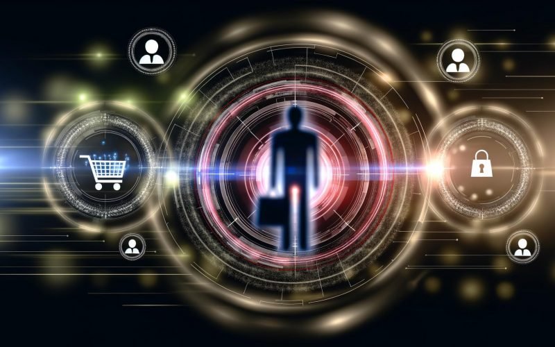 Abstrakter, digitaler Hintergrund mit Datenströmen, Einkaufswagen, Zielscheiben und stilisierten Personas, umgeben von Algorithmen und Datenpunkten, im Fokus eine hervorgehobene User-Silhouette