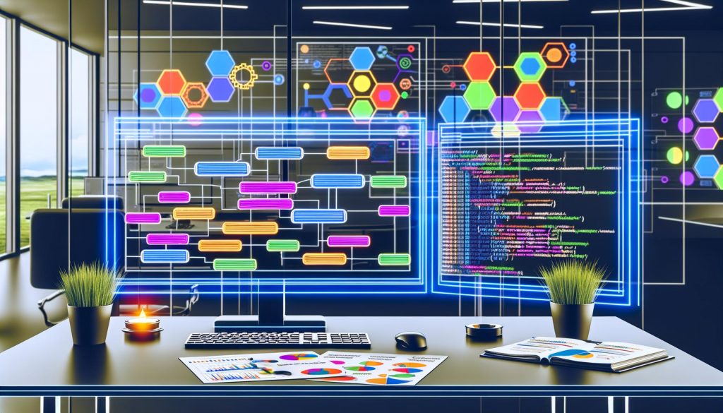 Arbeitsplatz eines Digital Marketers mit Google Tag Manager Interface, Data Layer-Code, DSGVO-Checkliste und abstrakten Datenvisualisierungen im Hintergrund