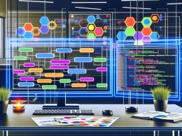 Arbeitsplatz eines Digital Marketers mit Google Tag Manager Interface, Data Layer-Code, DSGVO-Checkliste und abstrakten Datenvisualisierungen im Hintergrund