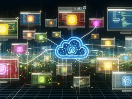 Digitaler Arbeitsplatz mit verbundenen Geräten, n8n-Logo und dynamischen Datenströmen, die Workflow-Automatisierung und moderne Technologien symbolisieren.