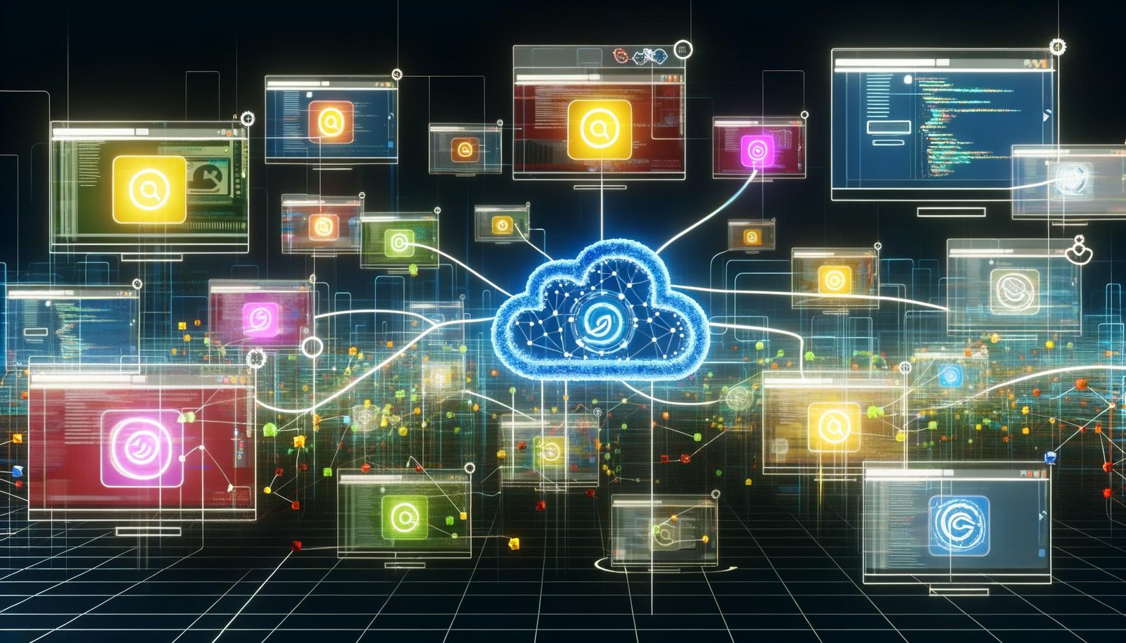 Digitaler Arbeitsplatz mit verbundenen Geräten, n8n-Logo und dynamischen Datenströmen, die Workflow-Automatisierung und moderne Technologien symbolisieren.