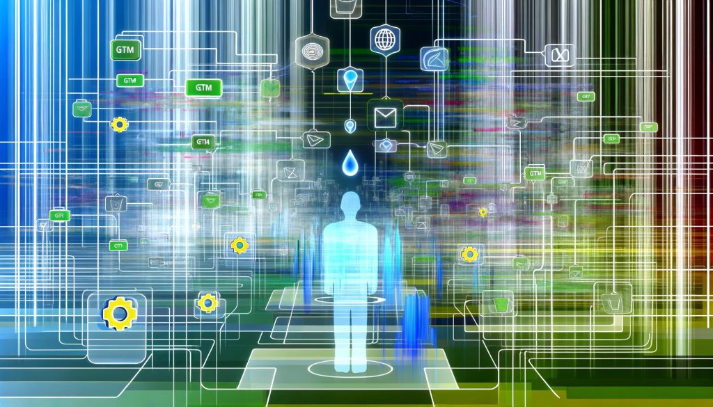 Moderner Marketing-Experte vor abstrahierten Datenströmen, Codezeilen und Tag-Icons wie GTM, Pixel und Analytics, umgeben von leuchtenden Datenpaketen und Netzwerkstrukturen auf einem futuristischen Titelbild.