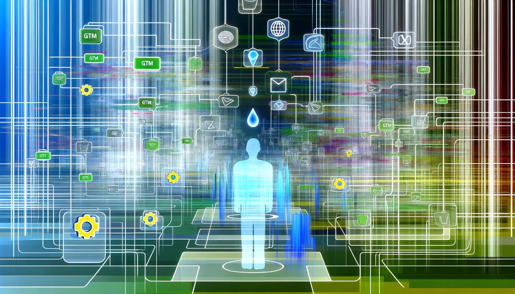 Moderner Marketing-Experte vor abstrahierten Datenströmen, Codezeilen und Tag-Icons wie GTM, Pixel und Analytics, umgeben von leuchtenden Datenpaketen und Netzwerkstrukturen auf einem futuristischen Titelbild.