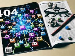 Magazin-Doppelseite mit modernem Workflow-Baukasten im n8n-Stil, bunten verbundenen Nodes, Webhook-Kabelstrang, Symbolen für E-Mail, Datenbank, Cloud, API und Formular sowie im Hintergrund Zauberstab, Hipster-Brille und zerknitterte Excel-Tabelle.