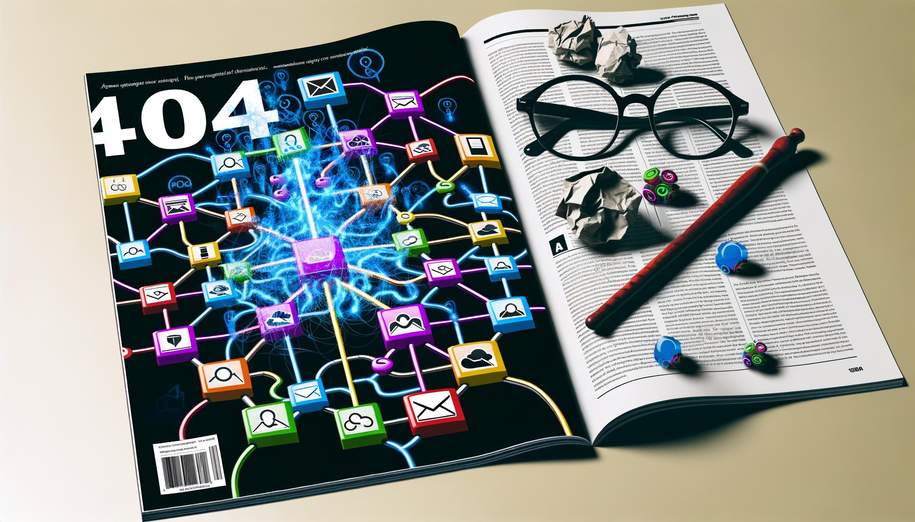 Magazin-Doppelseite mit modernem Workflow-Baukasten im n8n-Stil, bunten verbundenen Nodes, Webhook-Kabelstrang, Symbolen für E-Mail, Datenbank, Cloud, API und Formular sowie im Hintergrund Zauberstab, Hipster-Brille und zerknitterte Excel-Tabelle.