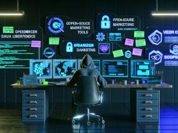 Futuristischer Arbeitsplatz mit Monitoren, Open Source Marketing Tools, Notizen zu Freiheit und DSGVO, industrielles Setting mit Serverracks, Marketer im Hoodie