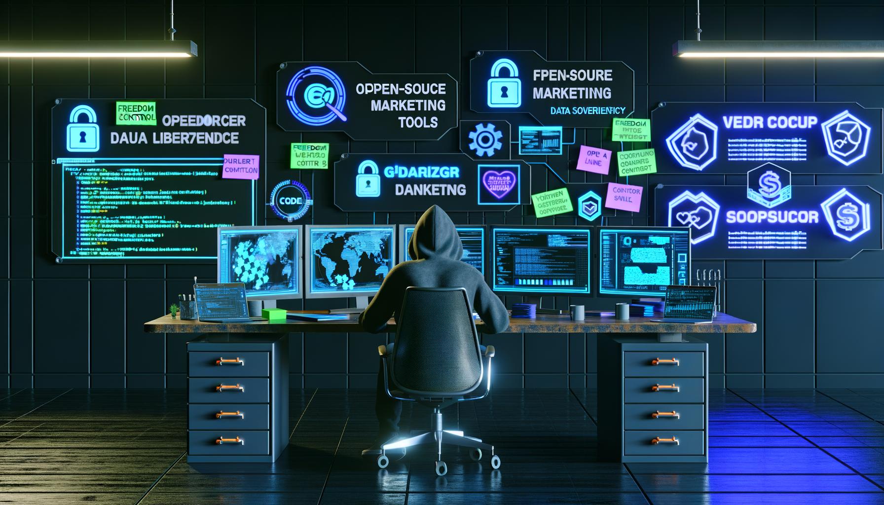 Futuristischer Arbeitsplatz mit Monitoren, Open Source Marketing Tools, Notizen zu Freiheit und DSGVO, industrielles Setting mit Serverracks, Marketer im Hoodie