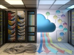 Modernes Serverraum-Motiv mit Gegenüberstellung alter, verkabelter Serverracks und abstrakter Cloud-Datenströme, Fokus auf API und Automatisierung