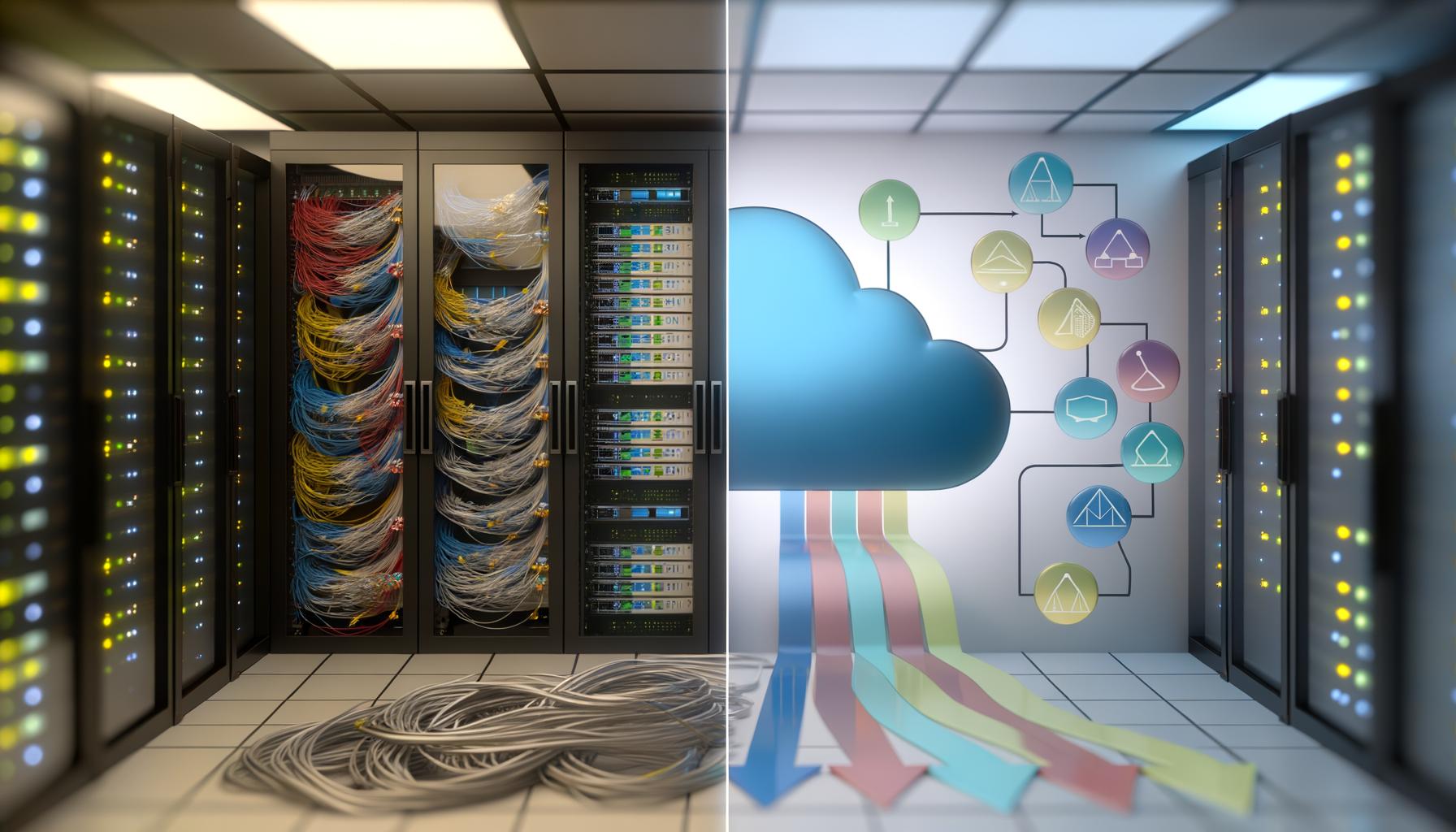 Modernes Serverraum-Motiv mit Gegenüberstellung alter, verkabelter Serverracks und abstrakter Cloud-Datenströme, Fokus auf API und Automatisierung
