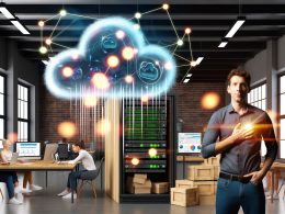 Moderne Büro-Szene: Marketing-Team arbeitet an Laptops vor Monitoren mit abstrakten Datenströmen, schwebende Cloud-Icons, Microservice-Würfel und Serverless-Logo, während klassische Server in den Hintergrund treten.