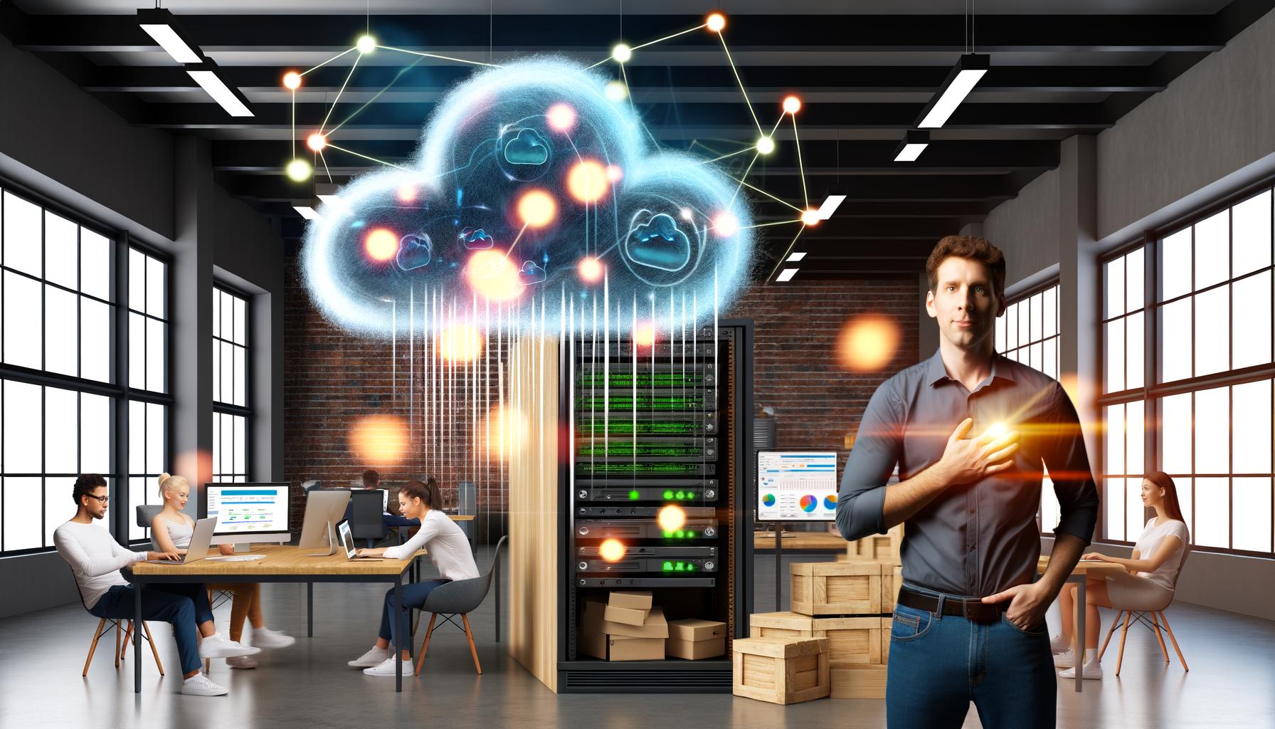 Moderne Büro-Szene: Marketing-Team arbeitet an Laptops vor Monitoren mit abstrakten Datenströmen, schwebende Cloud-Icons, Microservice-Würfel und Serverless-Logo, während klassische Server in den Hintergrund treten.