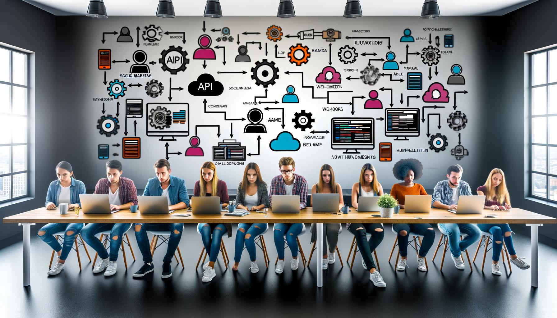 Junges, diverses Marketing-Team in einem modernen Start-up-Workspace bei der Arbeit an Laptops, umgeben von Monitoren mit API-Dashboard, Diagrammen, Automatisierungs-Workflows, Strapi-Logos und technischen Symbolen.