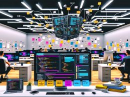 Entwicklerteam arbeitet gemeinsam an Laptops mit Strapi CMS Dashboard und API-Integration zu verschiedenen Plattformen wie React, Next.js, Mobile und IoT im modernen Büro.