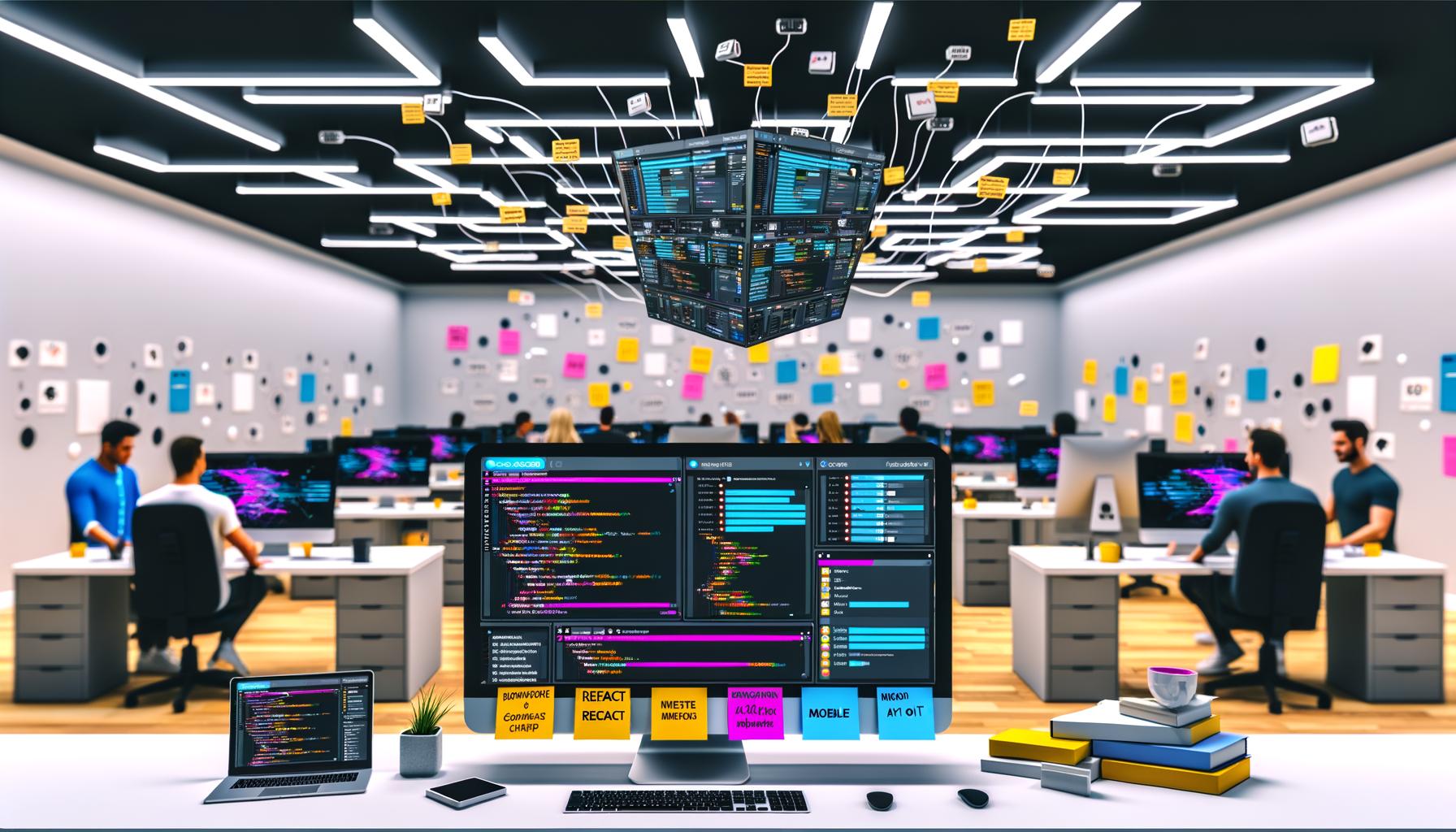 Entwicklerteam arbeitet gemeinsam an Laptops mit Strapi CMS Dashboard und API-Integration zu verschiedenen Plattformen wie React, Next.js, Mobile und IoT im modernen Büro.