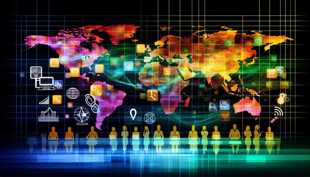 Illustration einer digitalen Weltkarte mit globalen Tracking-Tools, verbundenen Datenpunkten und internationalen Marketern an futuristischen Dashboards.