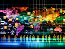 Illustration einer digitalen Weltkarte mit globalen Tracking-Tools, verbundenen Datenpunkten und internationalen Marketern an futuristischen Dashboards.