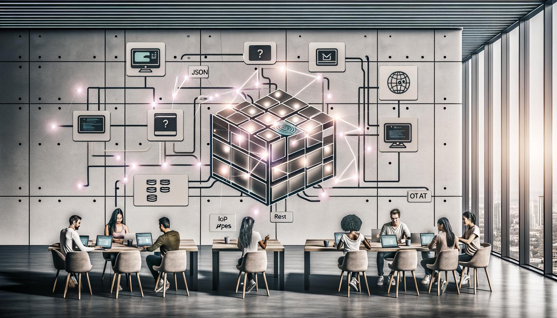 Modern eingerichteter Arbeitsbereich mit jungen Professionals, vernetzten digitalen Geräten und Illustration zur Umwandlung eines monolithischen CMS in ein flexibles, Headless Content-System mit API-Anbindung.