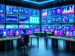 Futuristischer Instagram Kontrollraum mit mehreren Monitoren, die Reels-Analytics, virale Inhalte und Automatisierungs-Tools zeigen. Marketingprofi arbeitet an KI-gesteuerten Dashboards in digitalem Blau und Magenta.