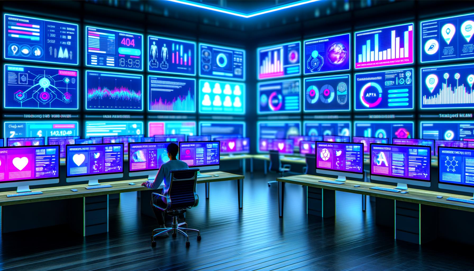 Futuristischer Instagram Kontrollraum mit mehreren Monitoren, die Reels-Analytics, virale Inhalte und Automatisierungs-Tools zeigen. Marketingprofi arbeitet an KI-gesteuerten Dashboards in digitalem Blau und Magenta.